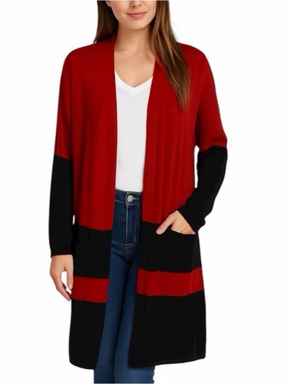 Chico’s Zenergy NWT Cotton Cashmere Colorblock Open Front Long Cardigan L/XL Red
